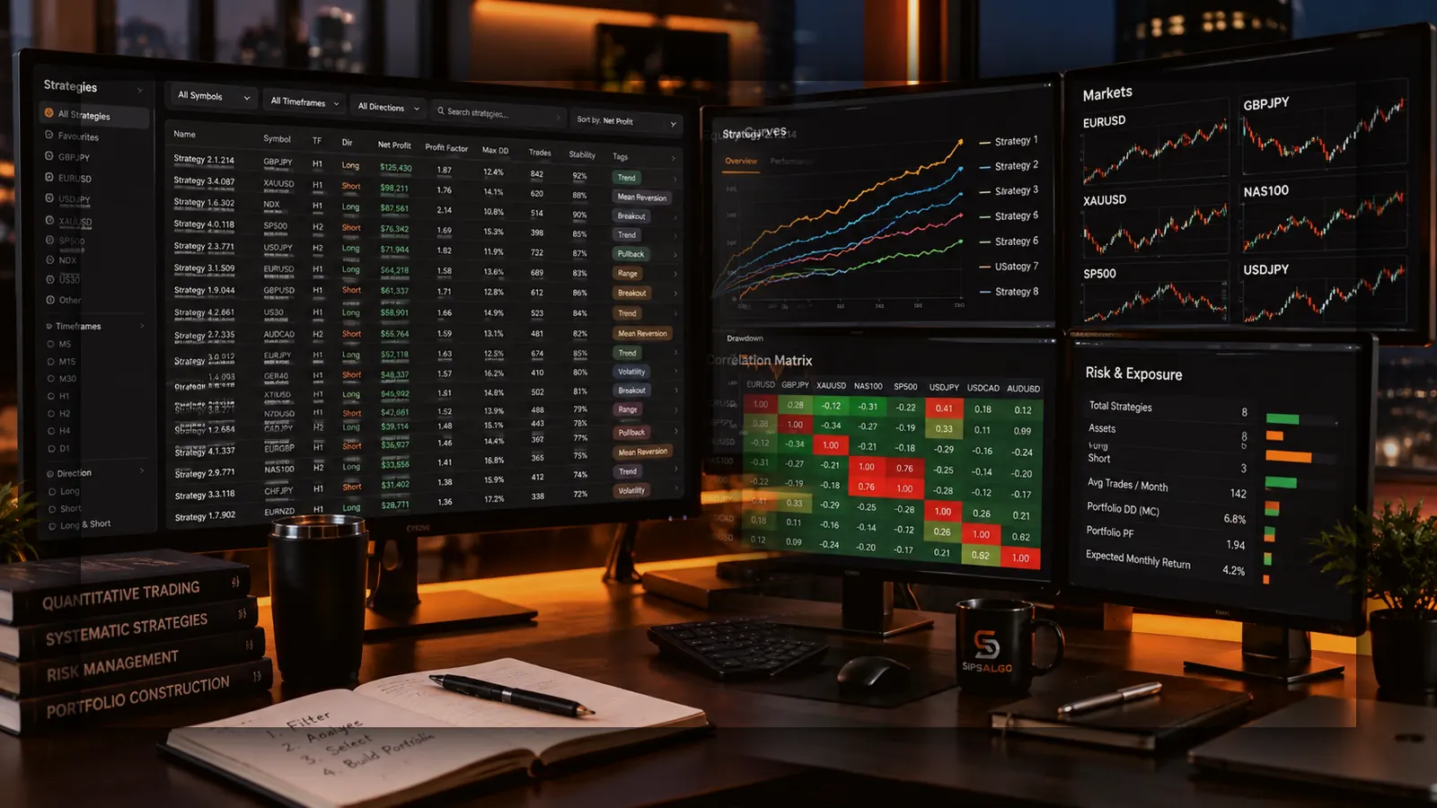 A wide field of many small strategy points narrowing through a funnel into one final balanced portfolio shape.