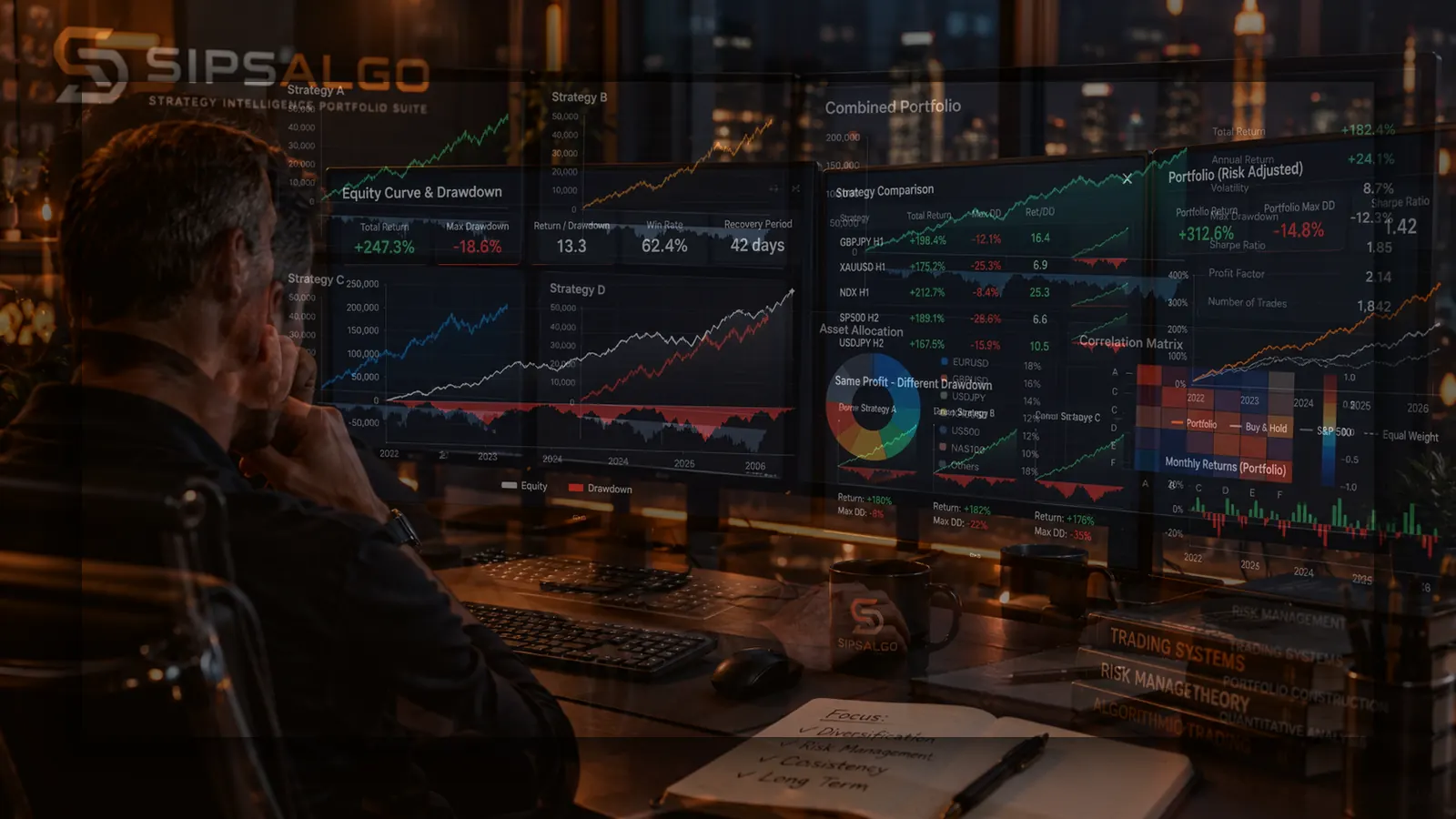 Several jagged individual drawdown paths blending into one smoother combined portfolio path.