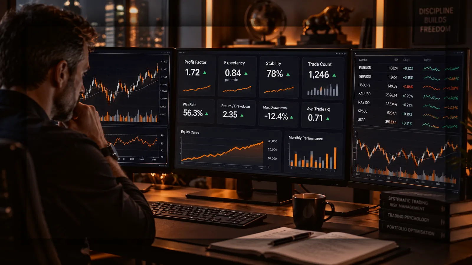 Several thin analytical lines converging toward one central point of assessment.