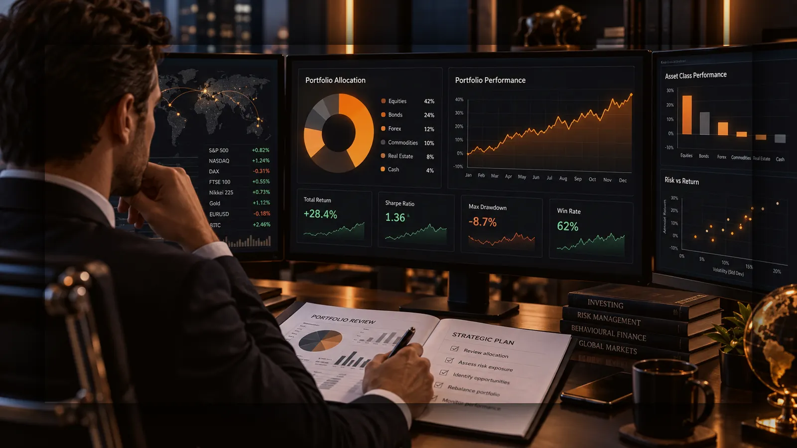 Several independent glowing strategy streams converging into one combined portfolio path.